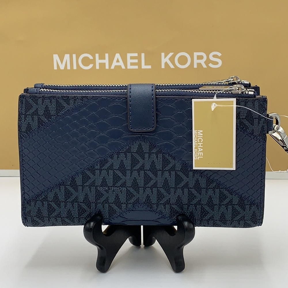 MICHAEL KORS LG DOUBLE ZIP WRISTLET WALLET NAVY MULT Crocodile Leather Snakeskin - Picture 7 of 14